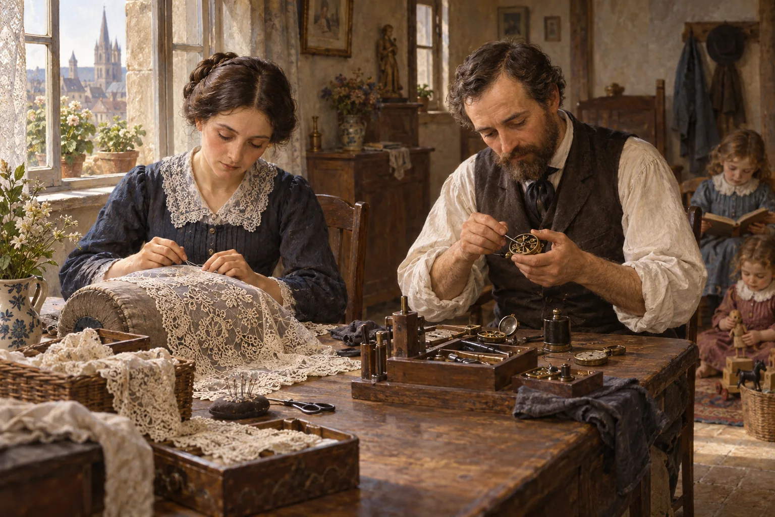 Luis y Celia Martín trabajan juntos en su hogar-taller de Alençon mientras dos de sus hijas leen al fondo.