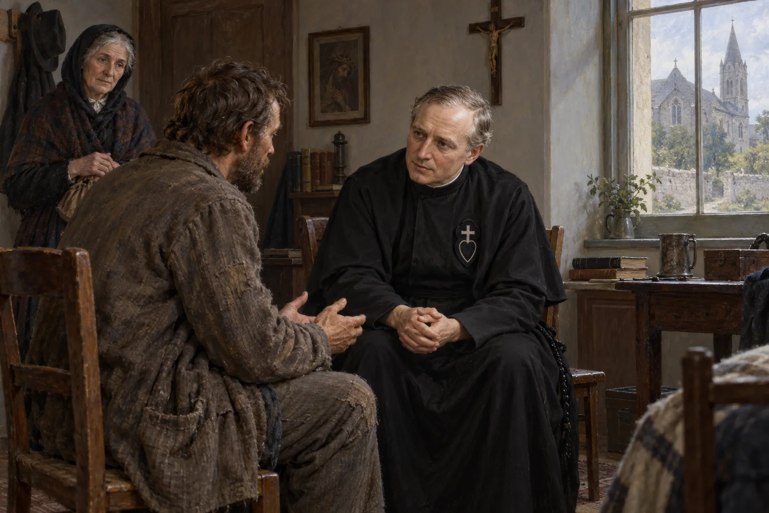 Carlos de Monte Argus escucha atentamente a un trabajador irlandés en una estancia sencilla junto a la iglesia.