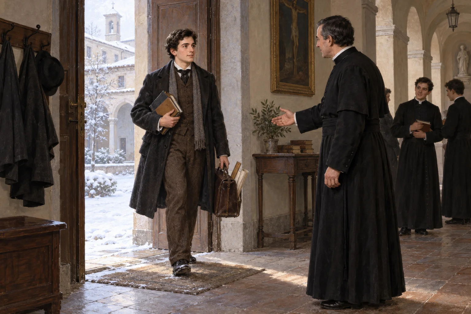 El joven José Marello regresa al seminario de Asti con libros y una pequeña maleta después de estudiar en Turín.