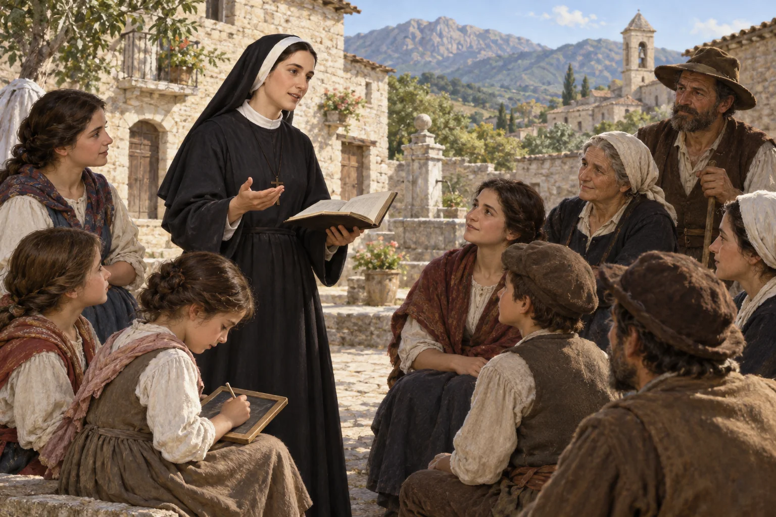 María De Mattias enseña a niñas, mujeres y campesinos en la plaza de un pequeño pueblo del centro de Italia.