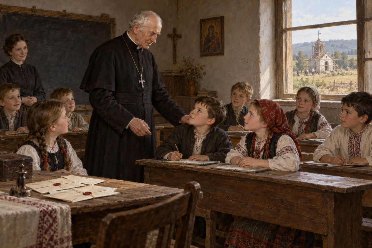 Segismundo Félix Feliński visita una escuela rural de Dźwiniaczka después de no poder regresar a Varsovia.