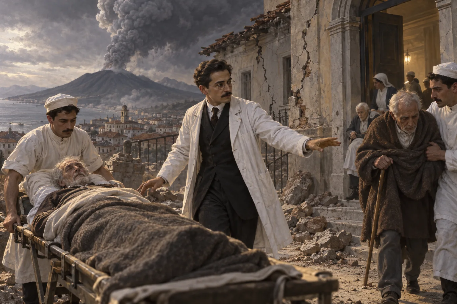 José Moscati coordina con enfermeros la evacuación de pacientes del hospital de Torre del Greco durante la erupción del Vesubio de 1906.