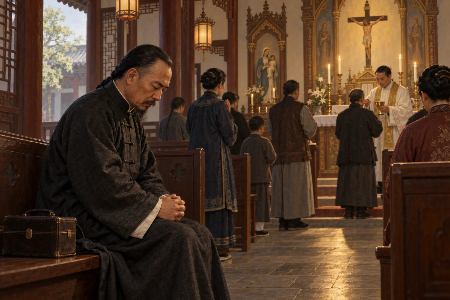 Marcos Ji Tianxiang permanece orando en un banco de una iglesia china mientras otros fieles se acercan respetuosamente a recibir la comunión.