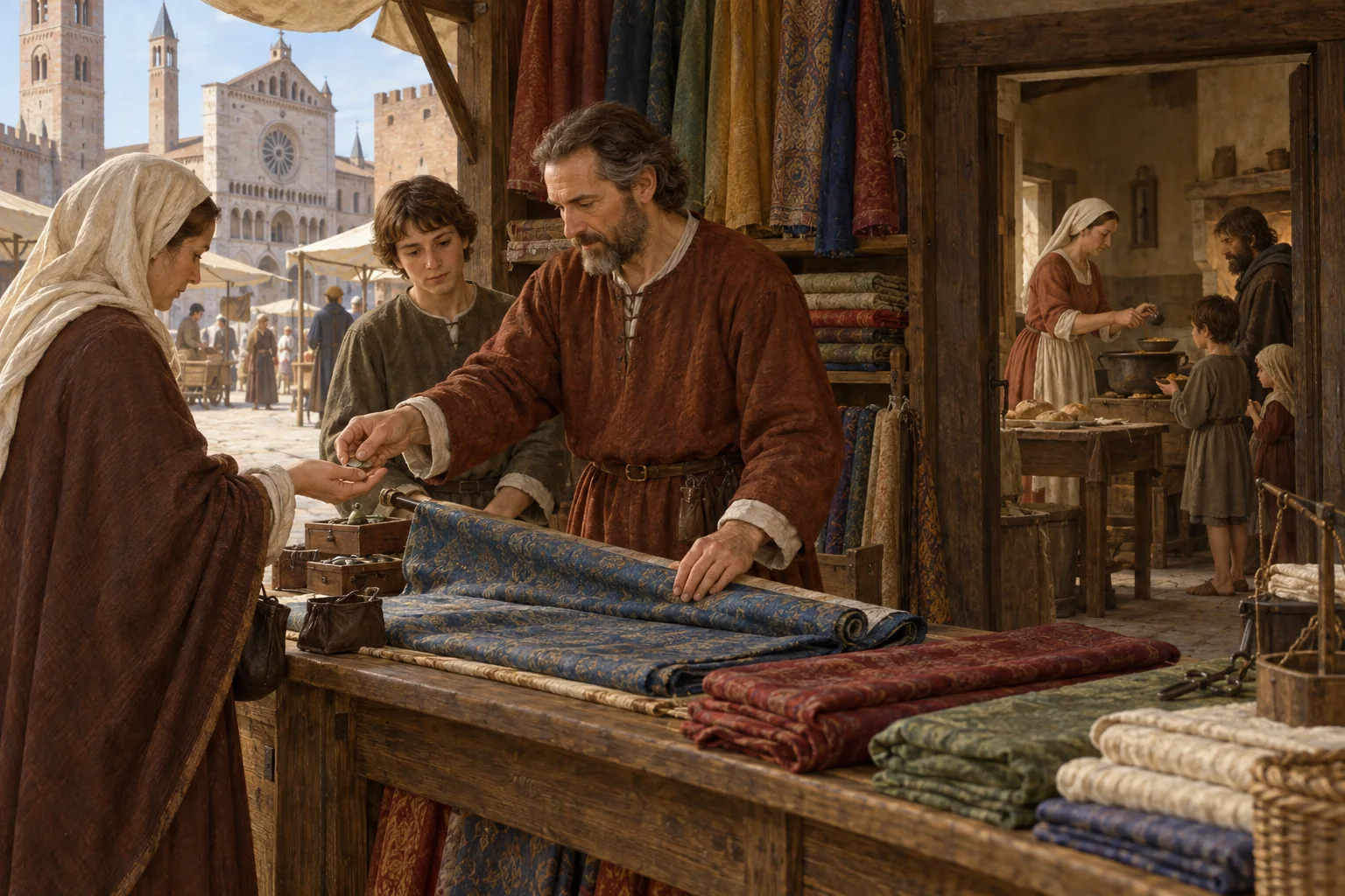 Homobono de Cremona trabaja con honradez en su tienda de tejidos mientras su casa permanece abierta a una familia necesitada.