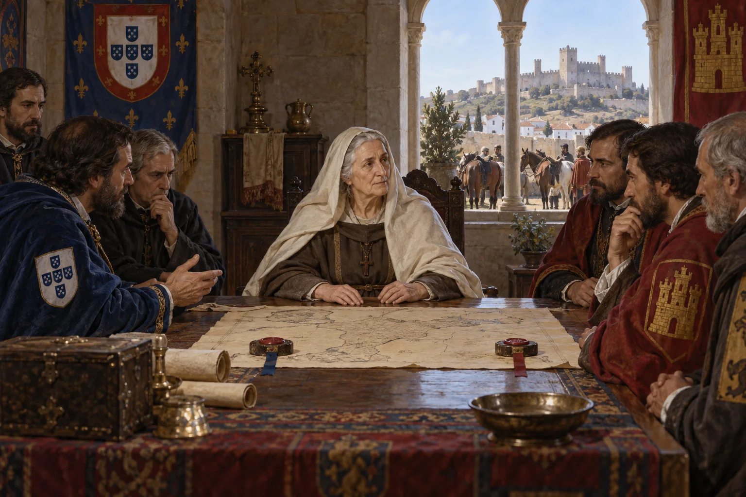 Isabel de Portugal, ya mayor y vestida con sobriedad, media entre enviados portugueses y castellanos en Estremoz.