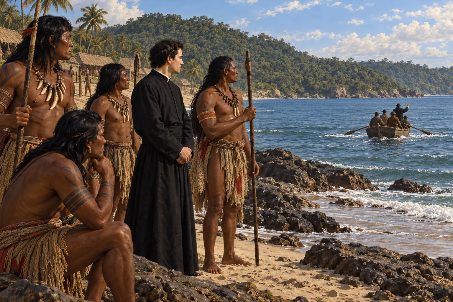 José de Anchieta permanece desarmado en Iperoig junto a dirigentes tamoios mientras la embarcación de Manuel da Nóbrega parte para continuar la negociación.