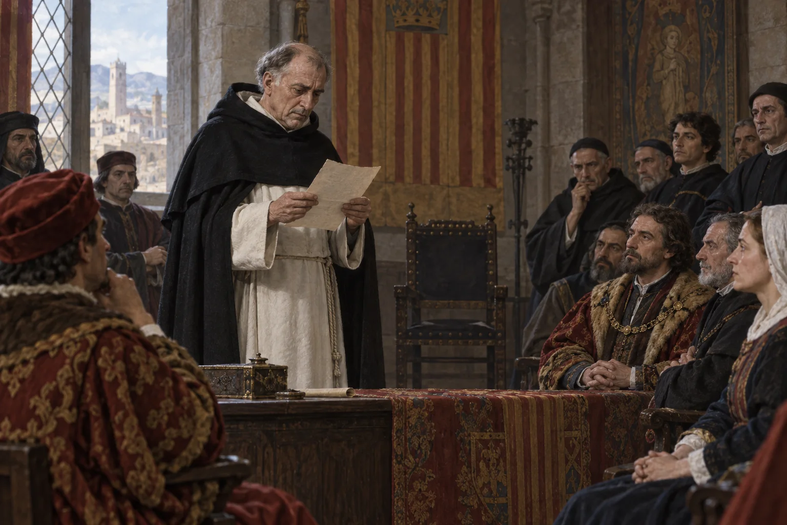 Vicente Ferrer lee solemnemente en Perpiñán el documento que retira la obediencia de la Corona de Aragón a Benedicto XIII.