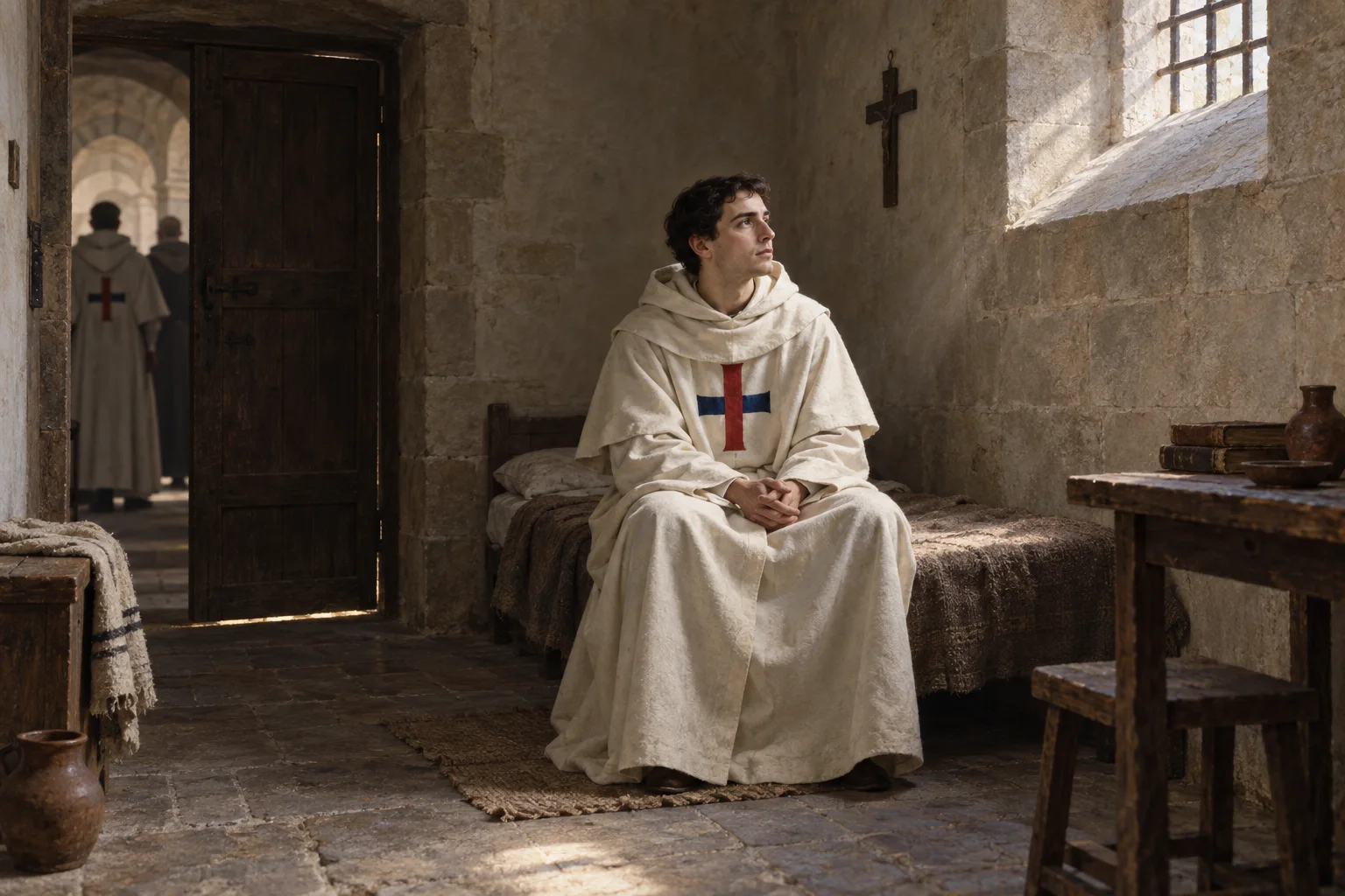 Miguel de los Santos permanece sereno en una austera celda conventual mientras la luz entra por una ventana alta.