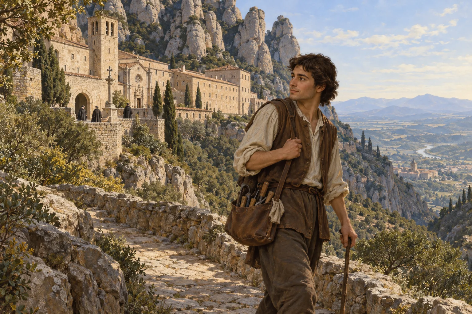 Salvador de Horta deja serenamente Montserrat con herramientas de zapatero y contempla el camino que desciende de la abadía.