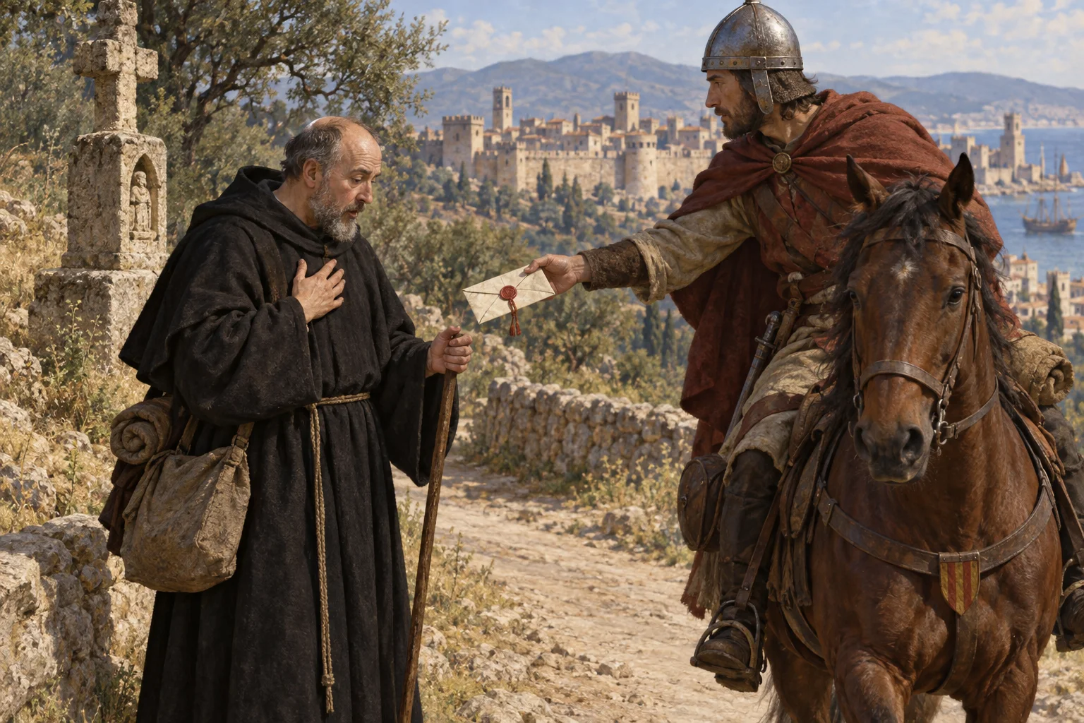Olegario se aleja discretamente de Barcelona mientras un mensajero papal llega con una carta que le pide aceptar el episcopado.