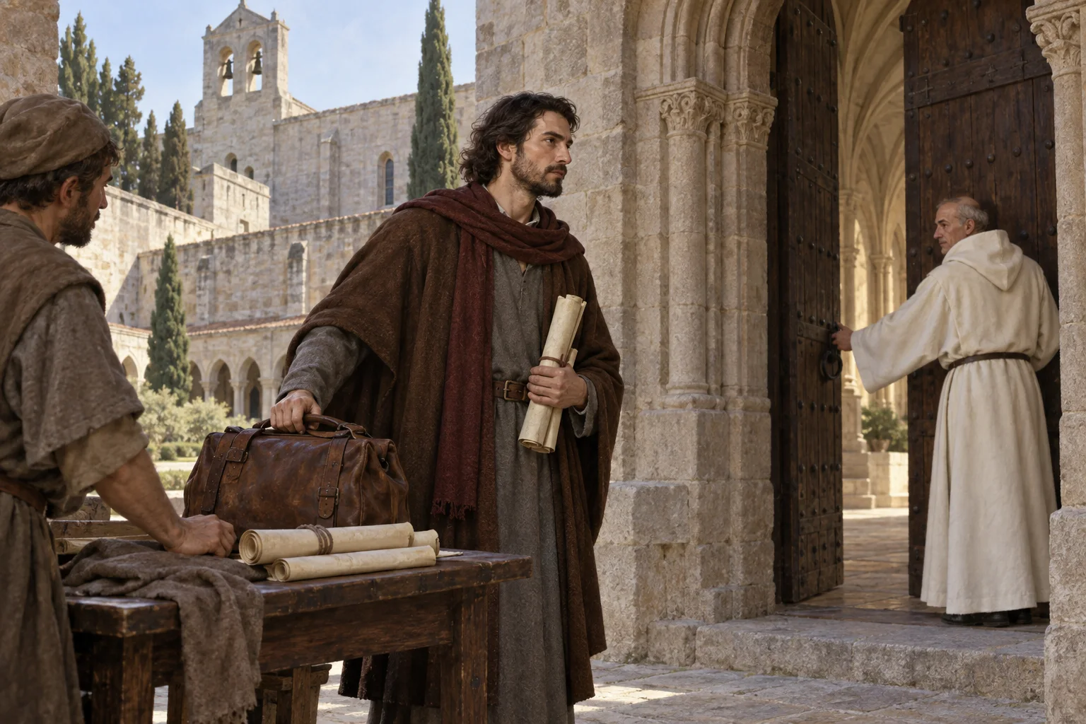Bernardo Calbó deja sobre una mesa sus documentos de jurista y es recibido sobriamente a la entrada del monasterio de Santes Creus.