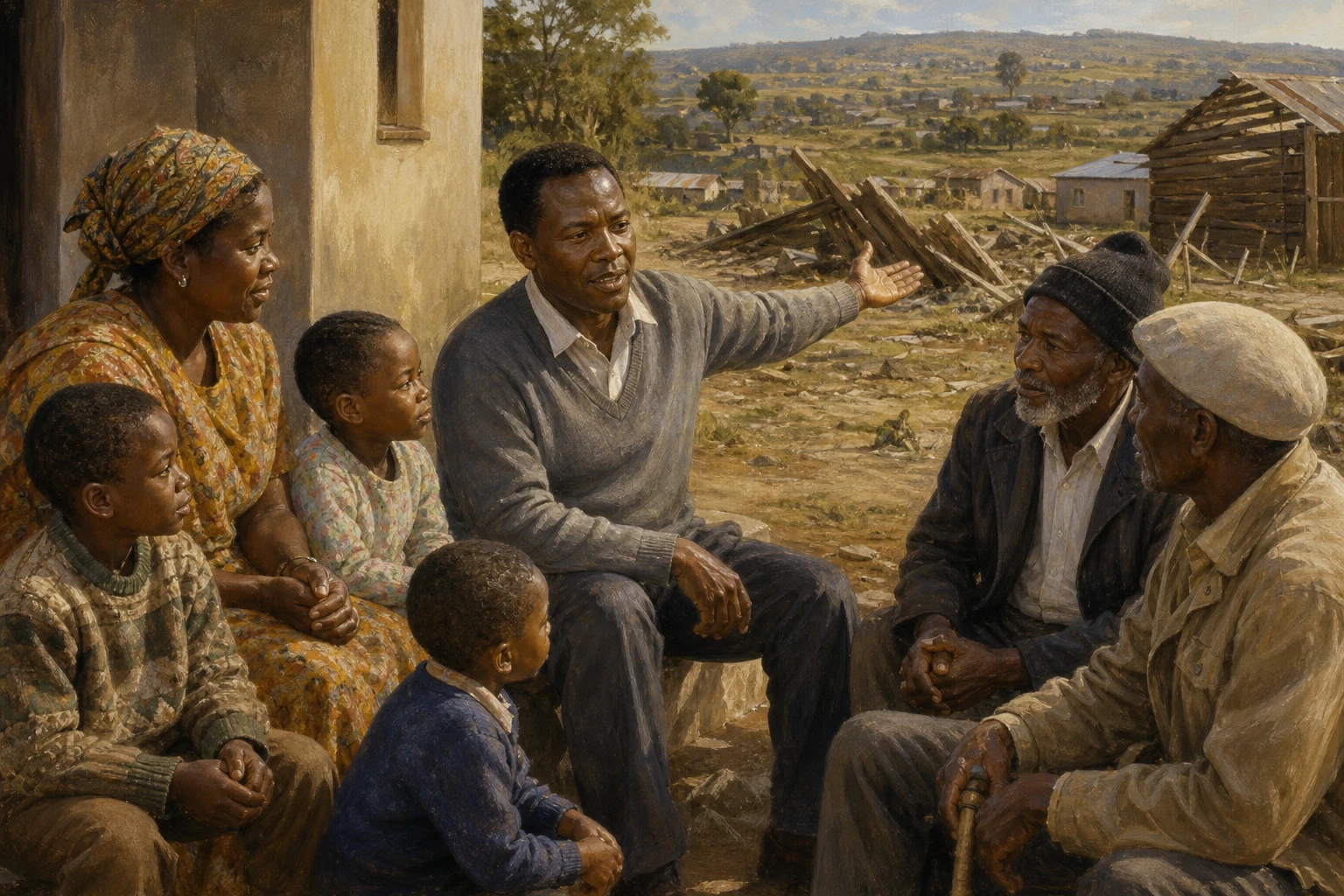 Benedict Daswa conversa con su familia y dos ancianos ante los daños de una tormenta, defendiendo la razón y la dignidad.