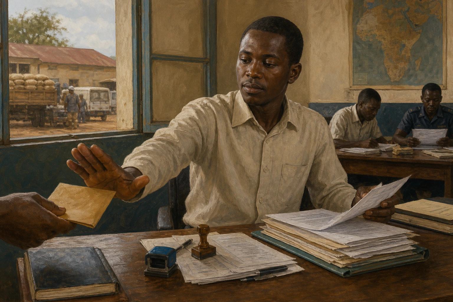 Floribert Bwana Chui rechaza serenamente un soborno en una oficina de aduanas de Goma.