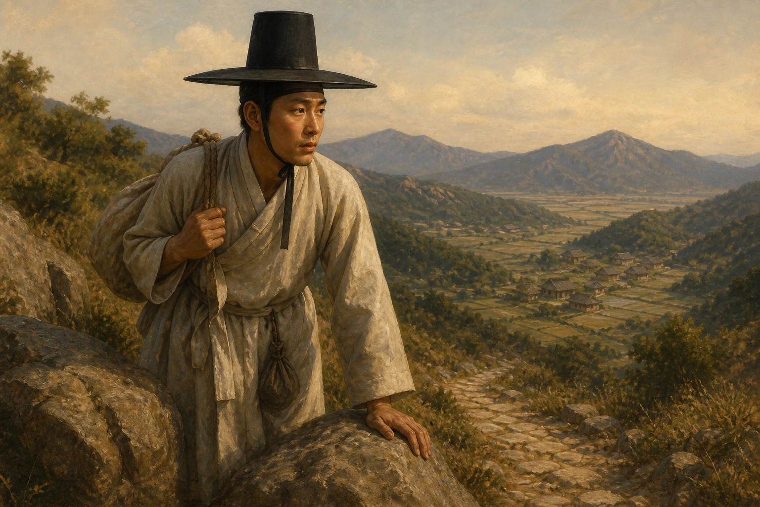 Andrés Kim Taegon se detiene agotado en un sendero montañoso de Corea y mira el camino por recorrer.
