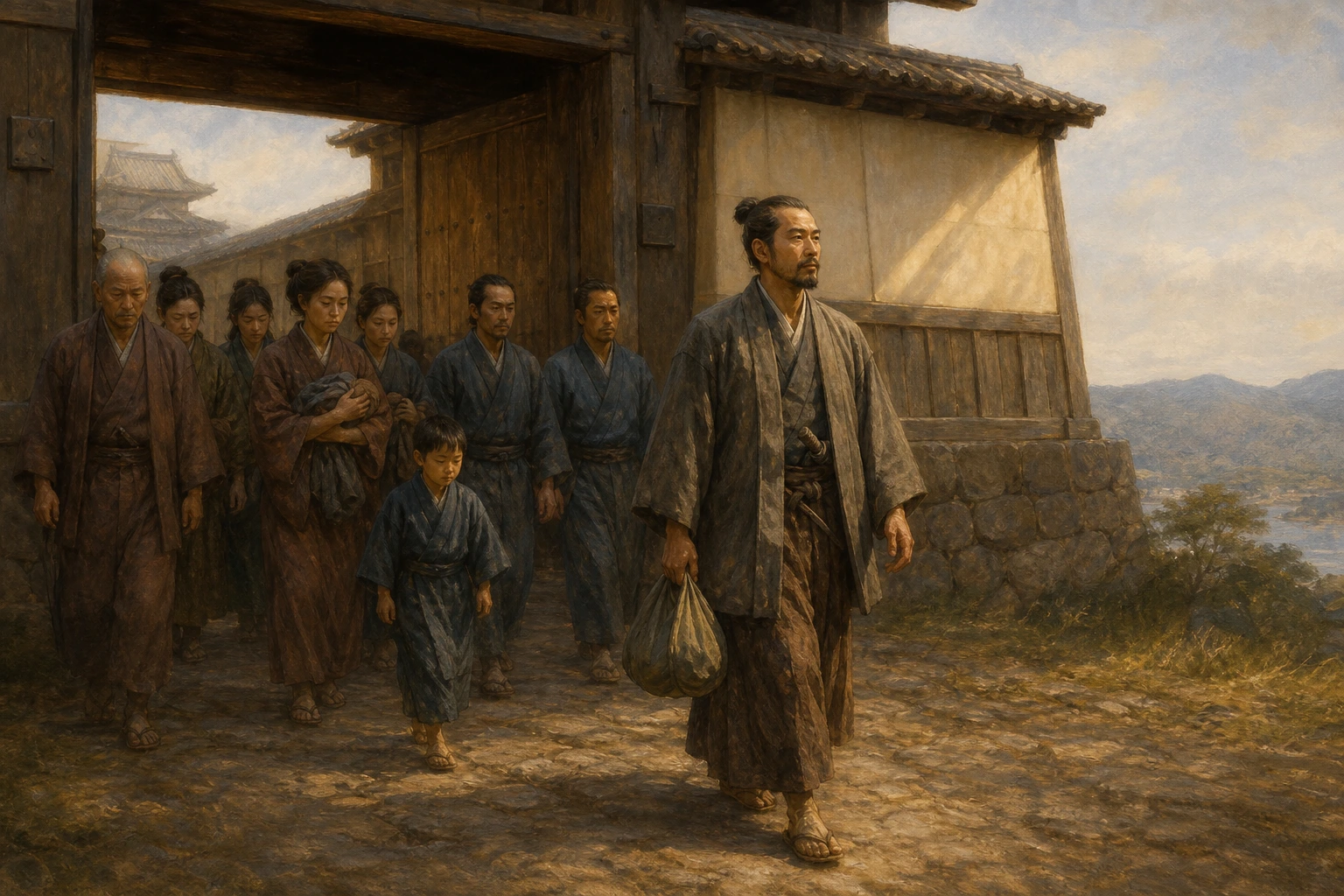 Justo Takayama Ukon deja serenamente su castillo y emprende el camino del exilio con un hatillo.