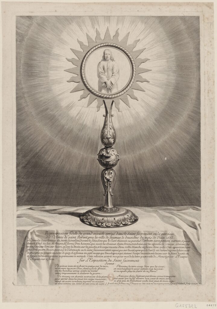 Grabado histórico del ostensorio y la aparición narrada en Les Ulmes en 1668