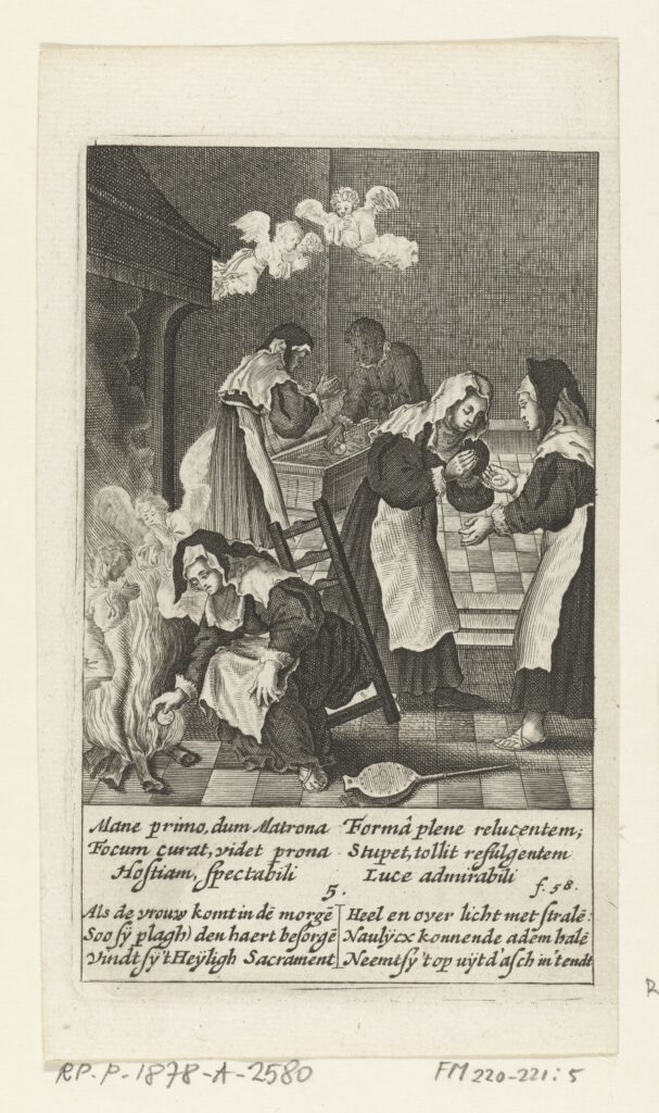 Estampa histórica en la que una mujer encuentra la hostia intacta en el fuego durante el milagro de Ámsterdam