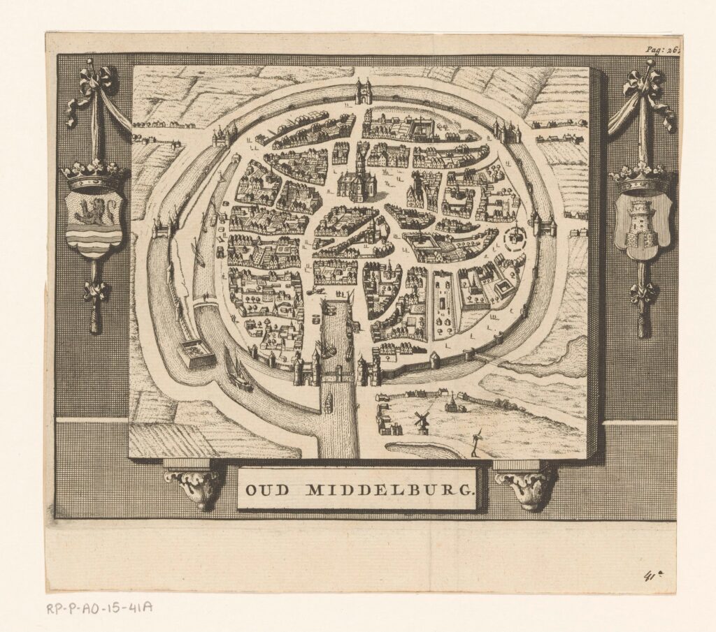 Plano histórico de la ciudad neerlandesa de Middelburg representada hacia 1400