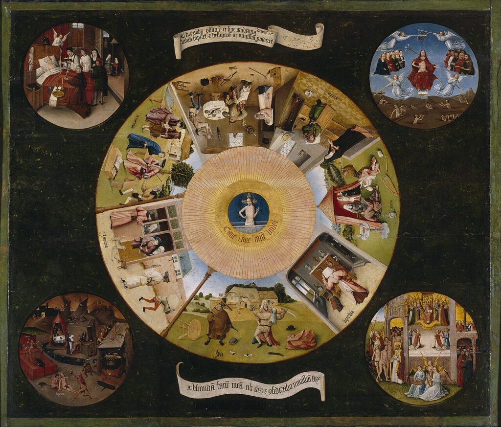 Tabla circular con siete escenas de la vida cotidiana dispuestas en torno a un ojo central con la figura de Cristo, y cuatro círculos menores en las esquinas