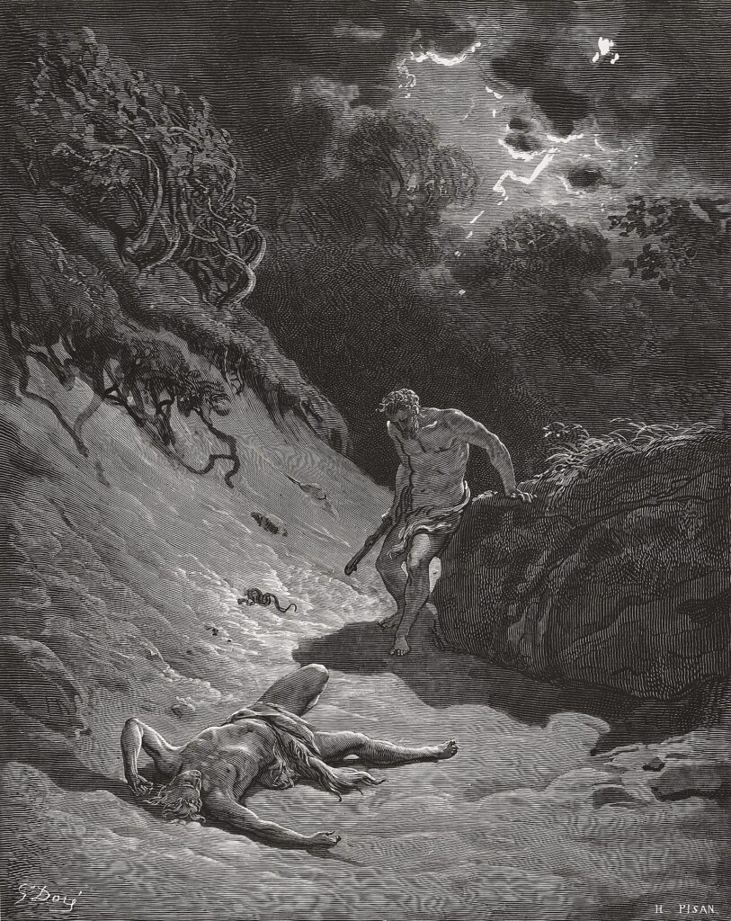 Grabado en blanco y negro: Caín, con un garrote, se aleja del cuerpo de Abel tendido en el suelo bajo un cielo tormentoso