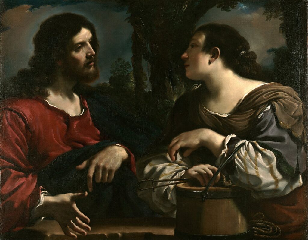 Jesús, sentado junto a un pozo, conversa con una mujer que sostiene un cántaro