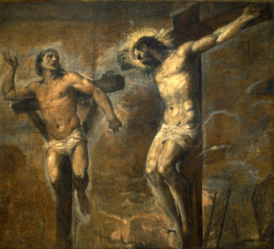Cristo crucificado vuelve la cabeza hacia el buen ladrón, crucificado junto a él